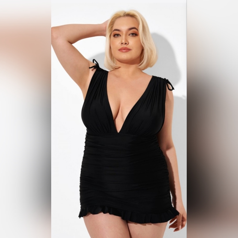Black V-neck TummyControl Ruched Swimdress